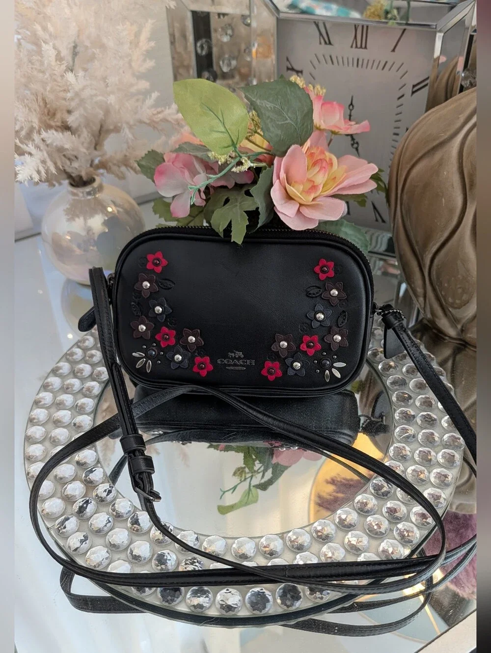 Coach Black Leather Floral Appliqué Small Crossbody